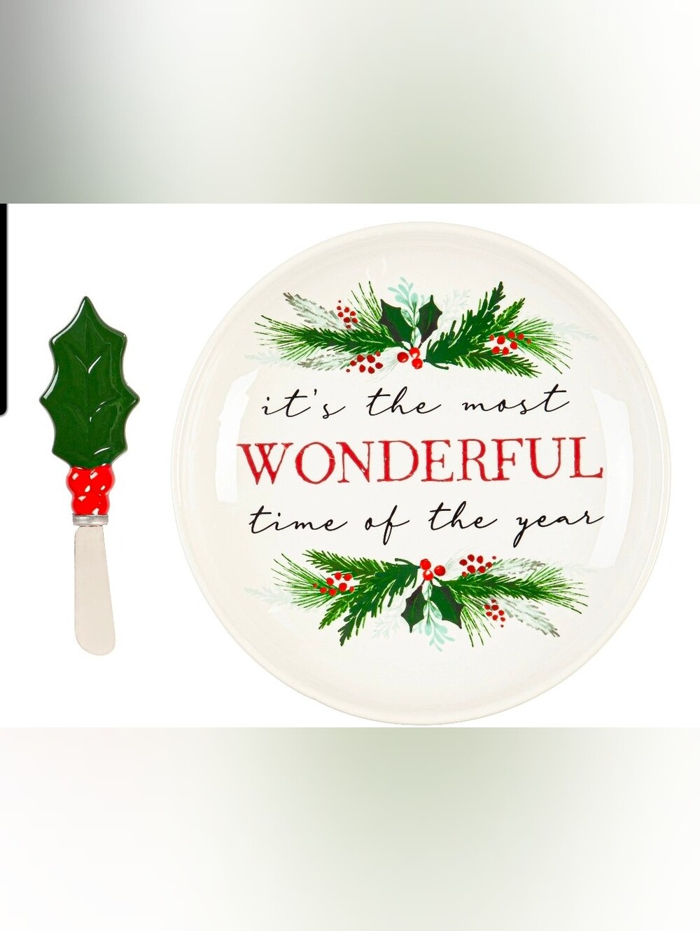 Ceramic Holiday Serving Plate - White with Green and Red Pine Motif